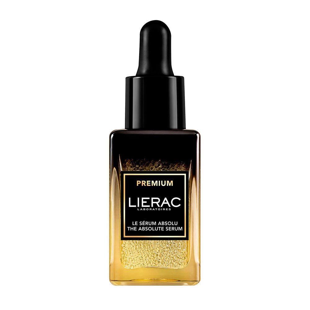 Flacon de sérum avec bouchon noir et pipette. Contenu doré. Étiquette noire avec texte blanc: LIERAC PREMIUM.