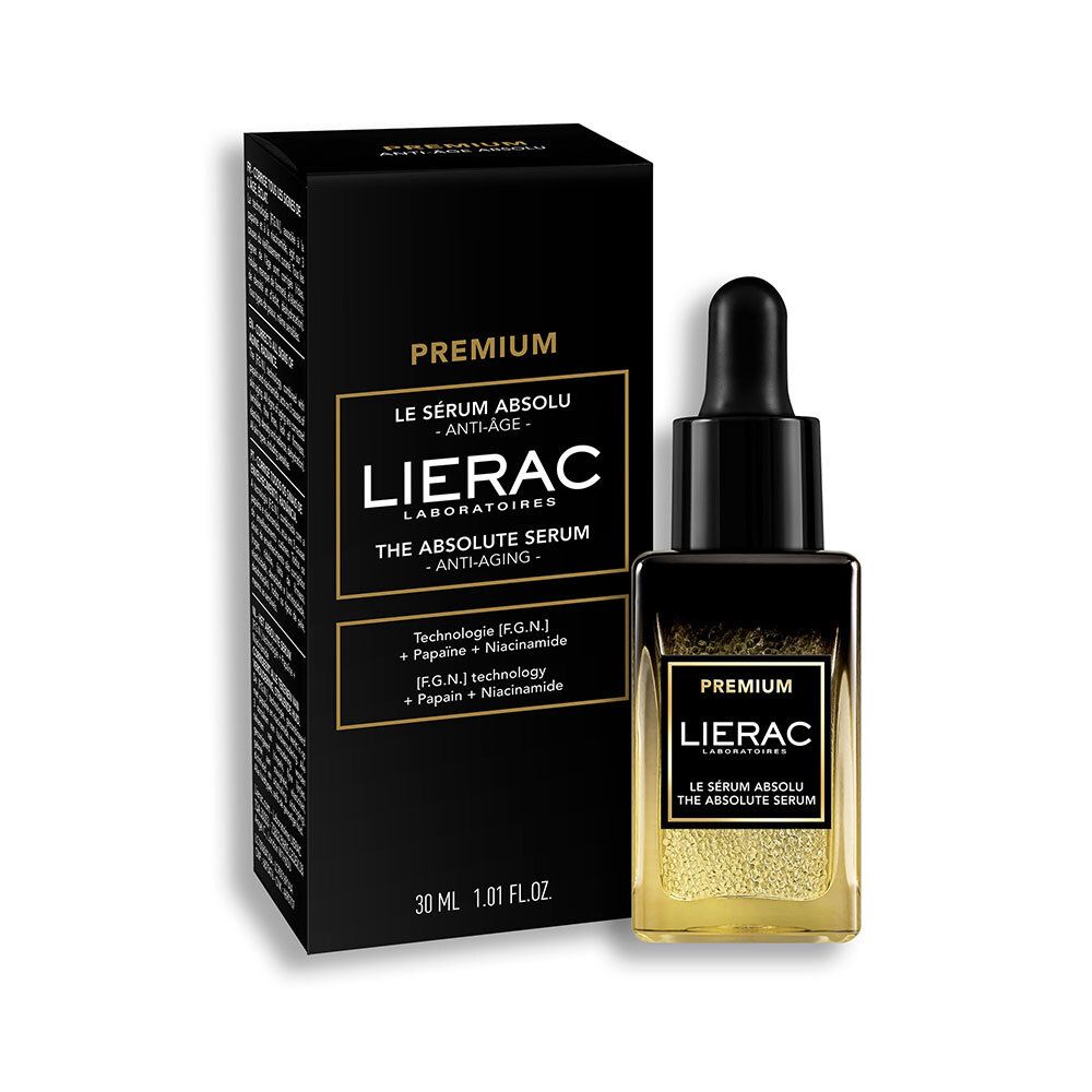 Emballage noir avec flacon de sérum. Inscription: LIERAC PREMIUM. Flacon avec bouchon noir et pipette. Contenu doré.