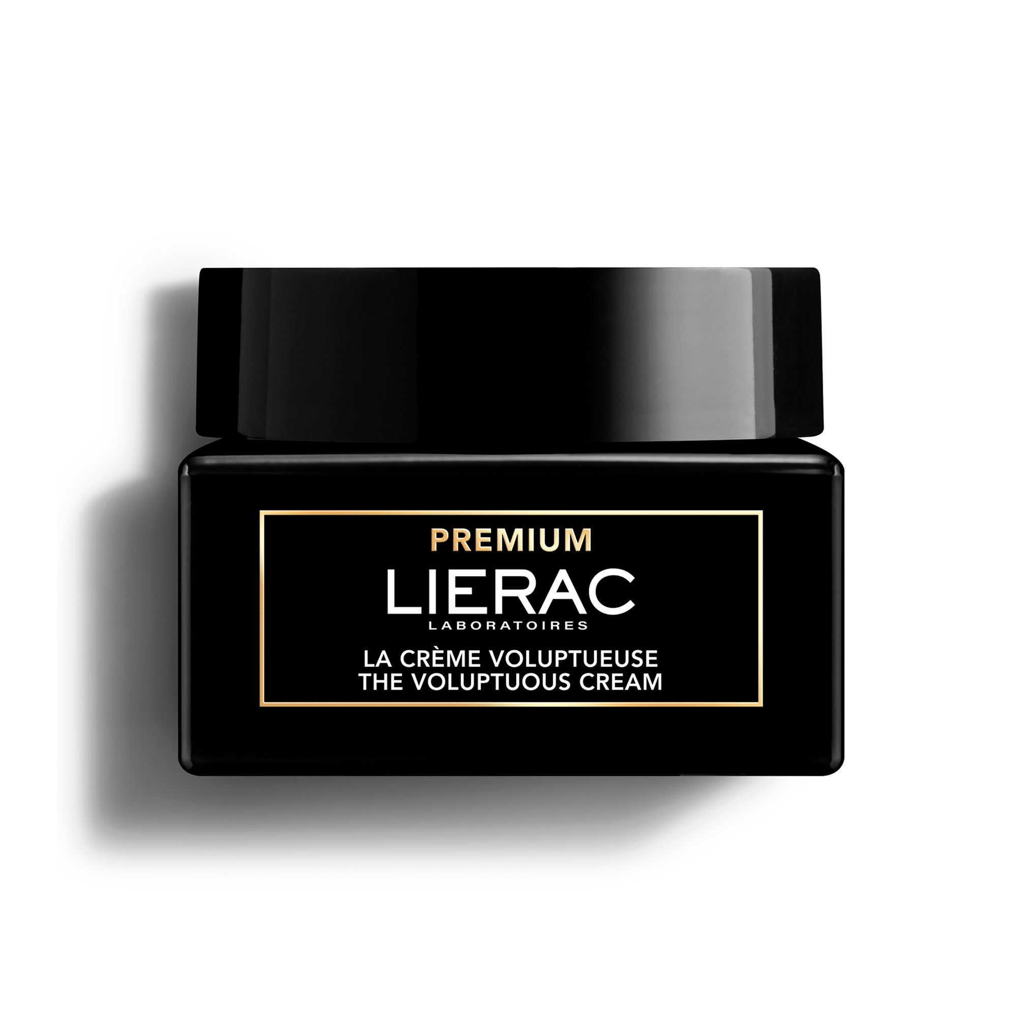 Pot noir avec couvercle. Cadre doré avec texte: LIERAC, PREMIUM, LA CRÈME VOLUPTUEUSE, THE VOLUPTUOUS CREAM.