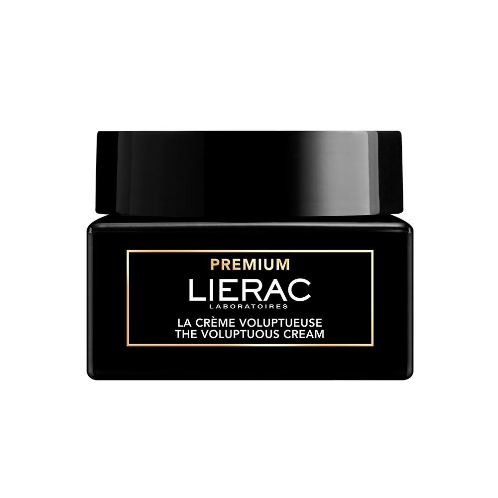Pot noir avec couvercle. Inscription : LIERAC PREMIUM, LA CRÈME VOLUPTUEUSE THE VOLUPTUOUS CREAM.