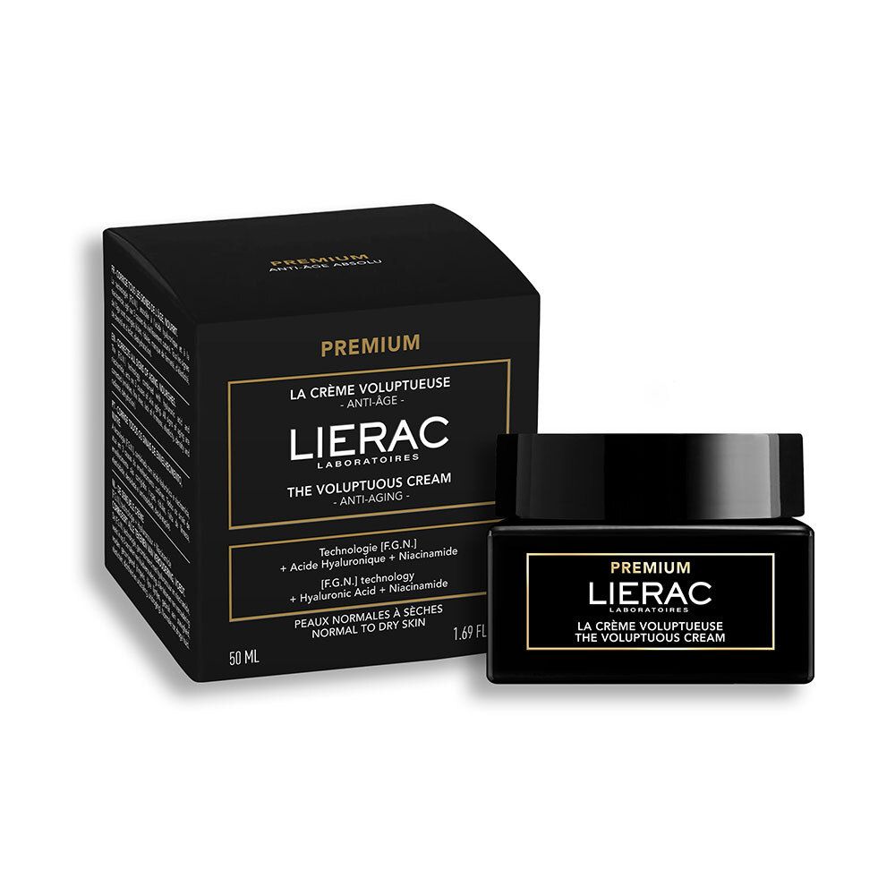 Boîte et pot noirs. Inscription : LIERAC PREMIUM, LA CRÈME VOLUPTUEUSE THE VOLUPTUOUS CREAM, Anti-Âge.