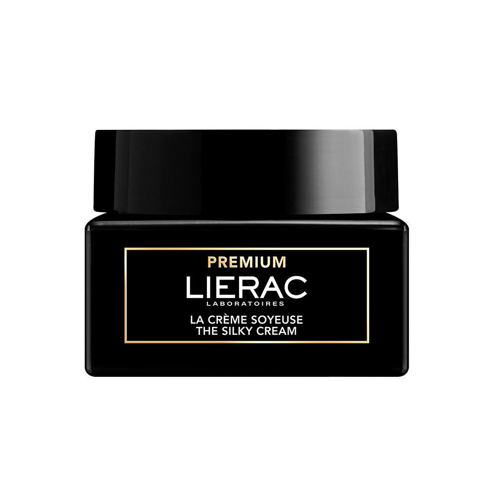 Pot noir avec couvercle. Inscription dorée : LIERAC PREMIUM. Texte : LA CRÈME SOYEUSE THE SILKY CREAM.