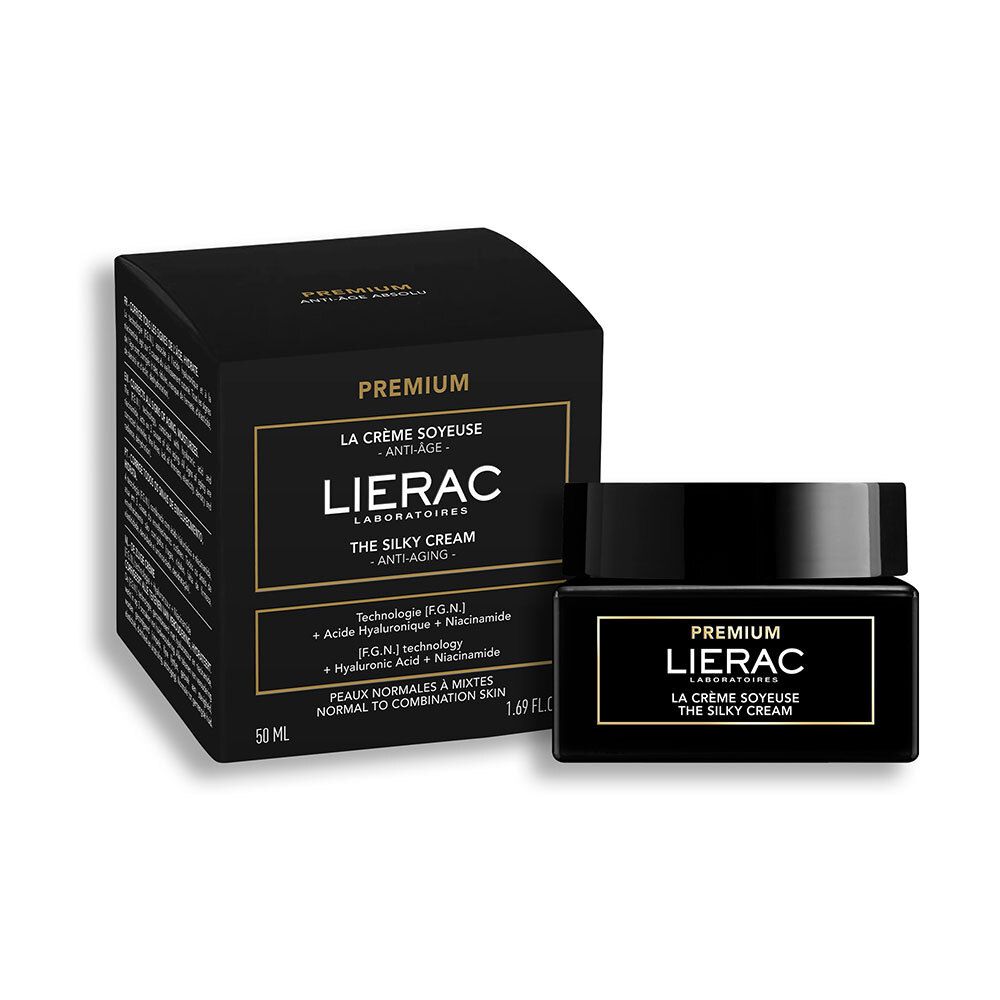 Boîte et pot noirs. Inscription dorée : LIERAC PREMIUM. Texte : LA CRÈME SOYEUSE THE SILKY CREAM. 50 ml.