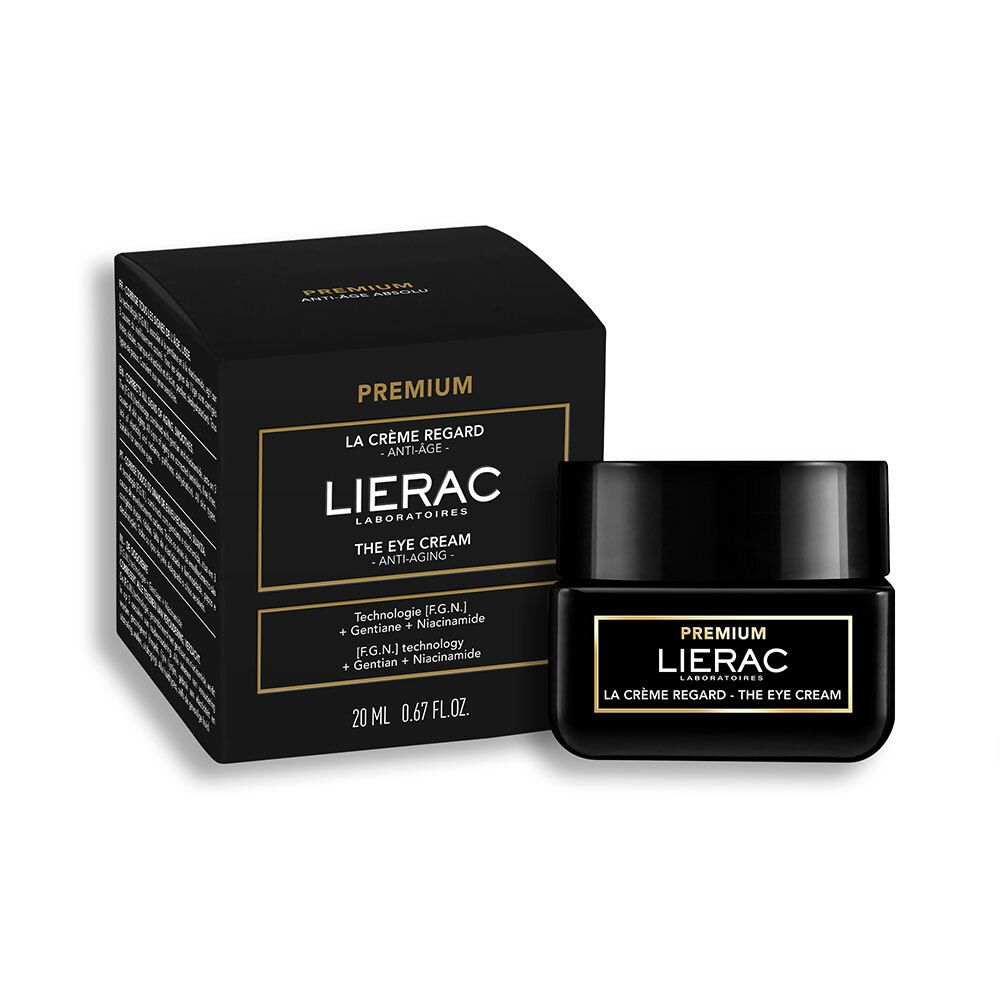 Boîte et pot noirs. Inscription: LIERAC PREMIUM THE EYE CREAM. 20 ml.