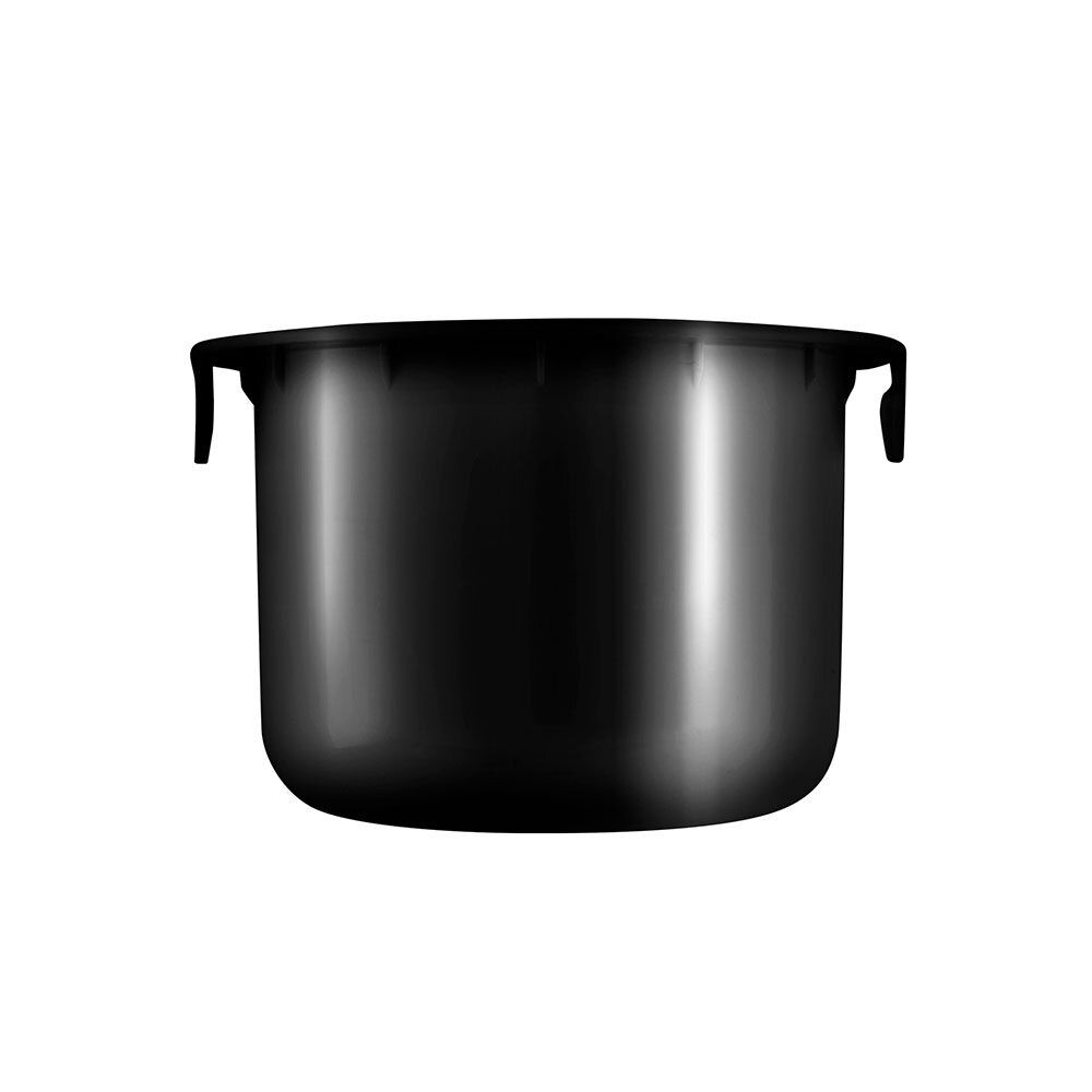 Récipient cylindrique noir avec deux poignées latérales.