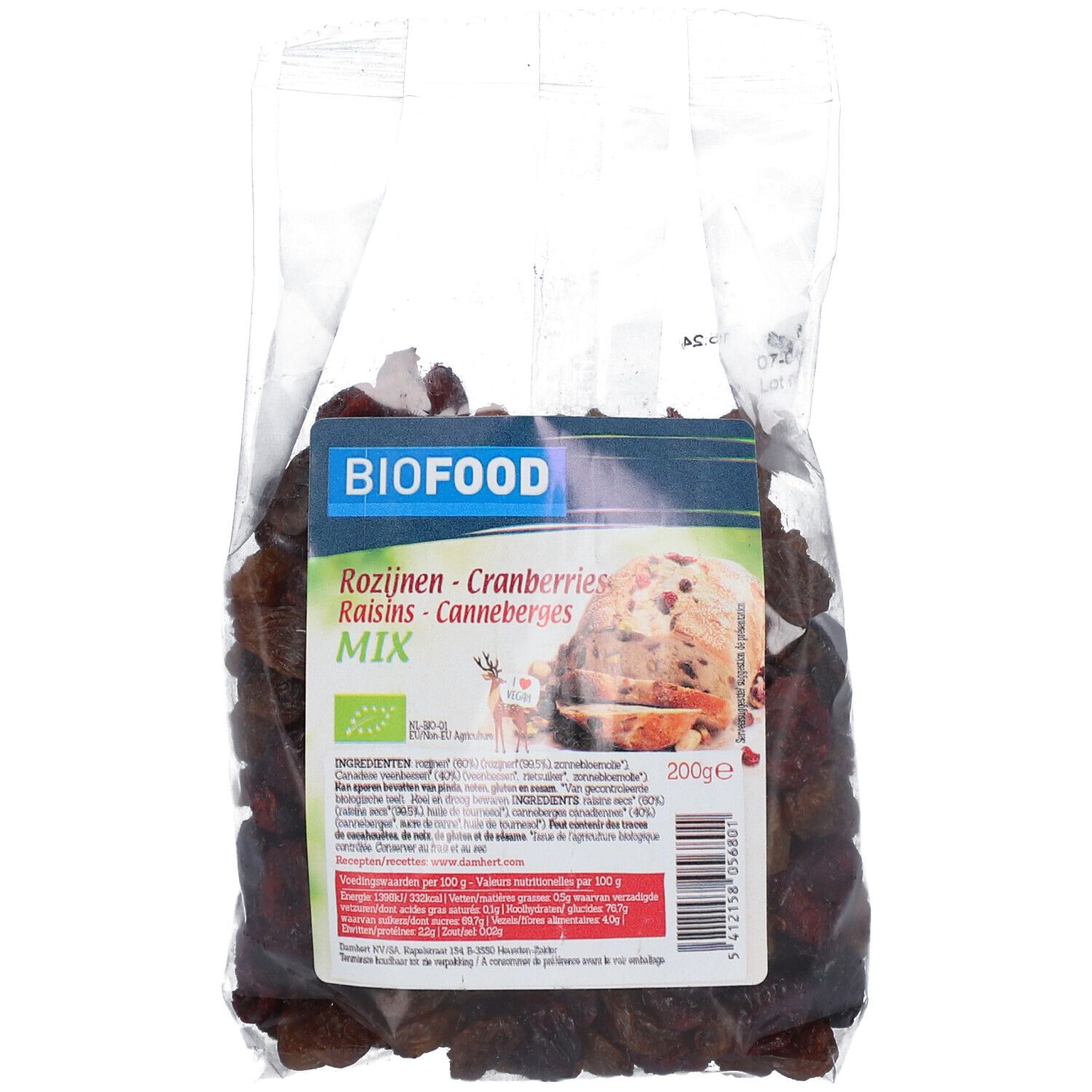 Sachet transparent de Biofood Rosinen-Cranberry Mix. Inscriptions: Biofood, Rozijnen-Cranberries Mix, 200g, liste des ingrédients, label bio.