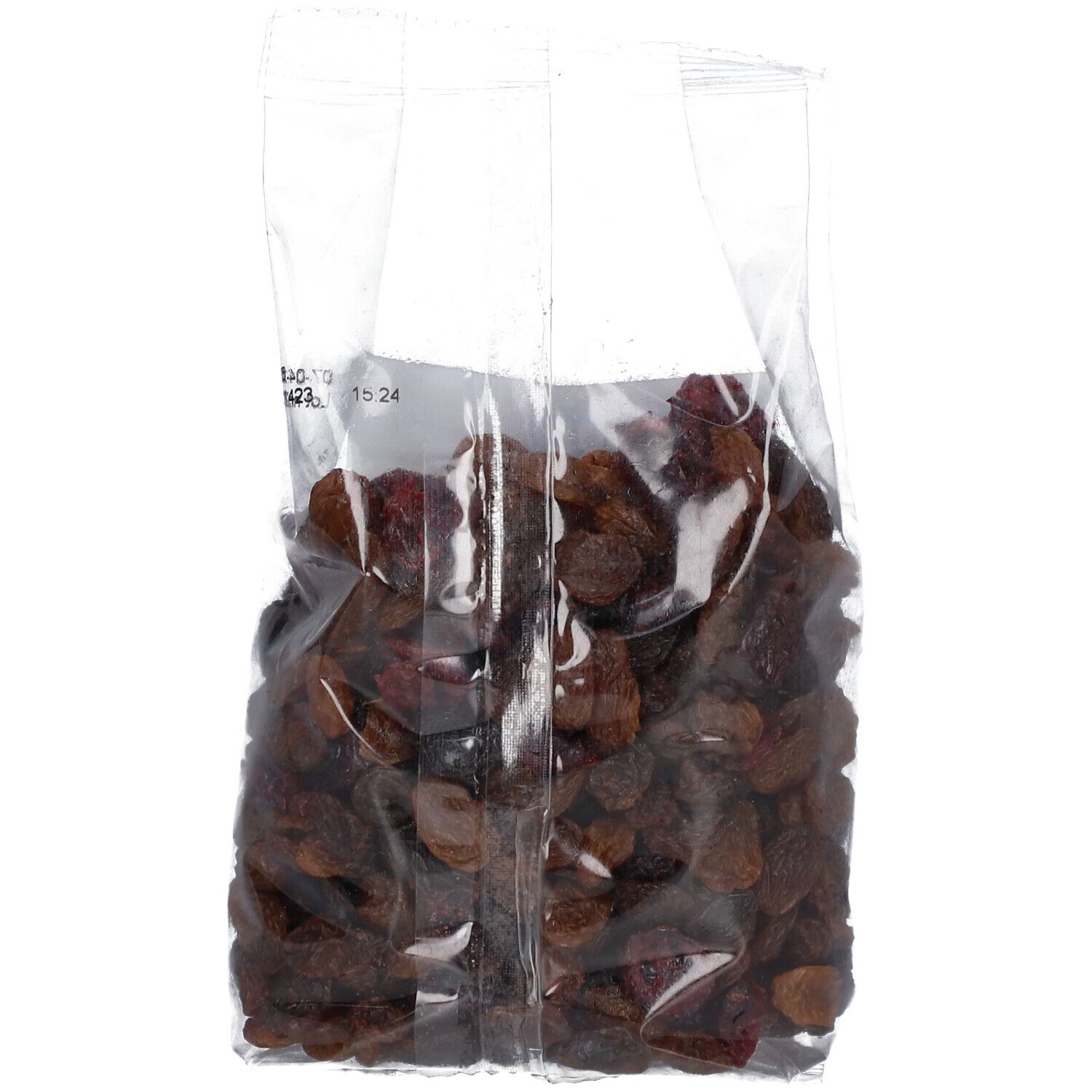 Sachet transparent de Rosinen-Cranberry Mix. Contenu visible. Date et heure imprimées sur le sachet.