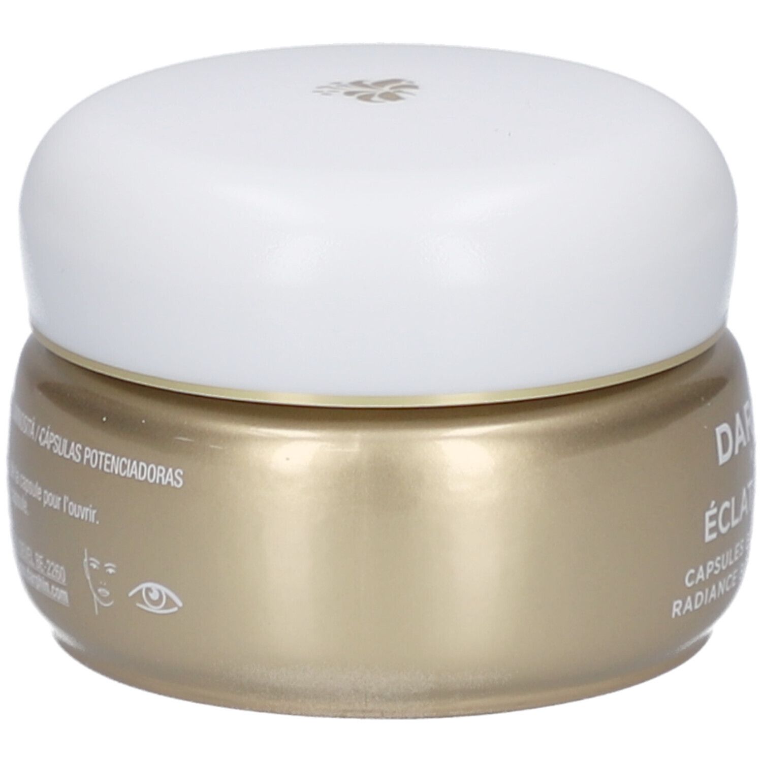 Pot doré avec couvercle blanc. Inscription: Darphin, Éclat Sublime. Capsules éclat.