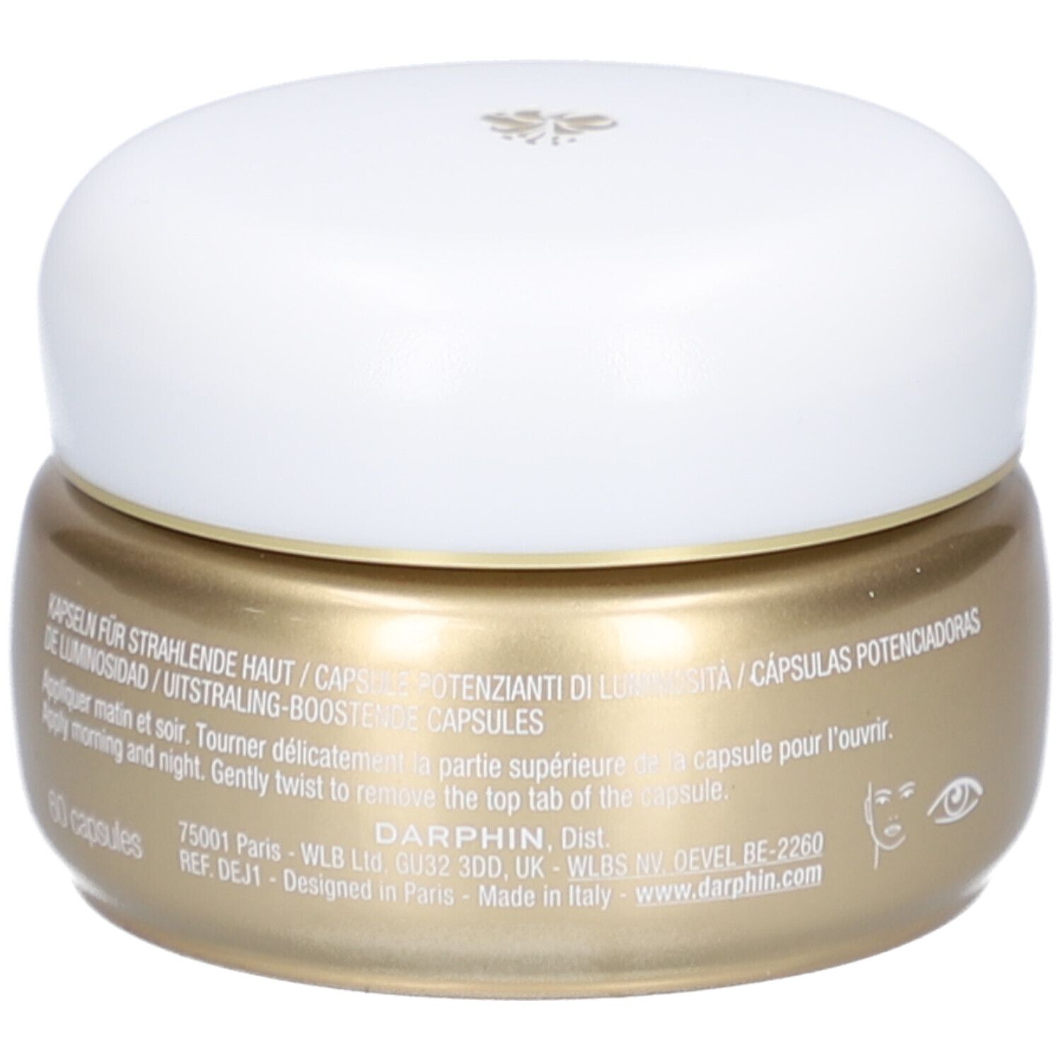 Pot doré avec couvercle blanc. Inscription: Darphin, Éclat Sublime. Capsules éclat. 60 capsules.