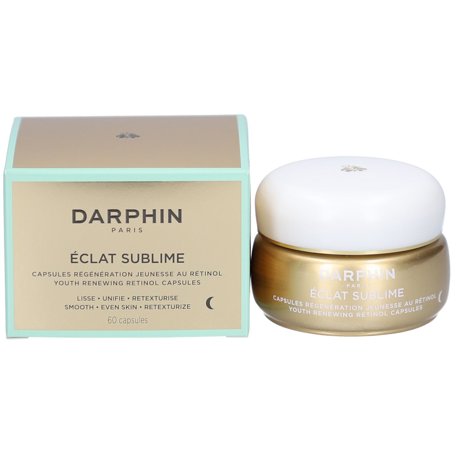 Pot et boîte dorés. Inscription: Éclat Sublime, Capsules Régénération Jeunesse au Rétinol. 60 capsules.