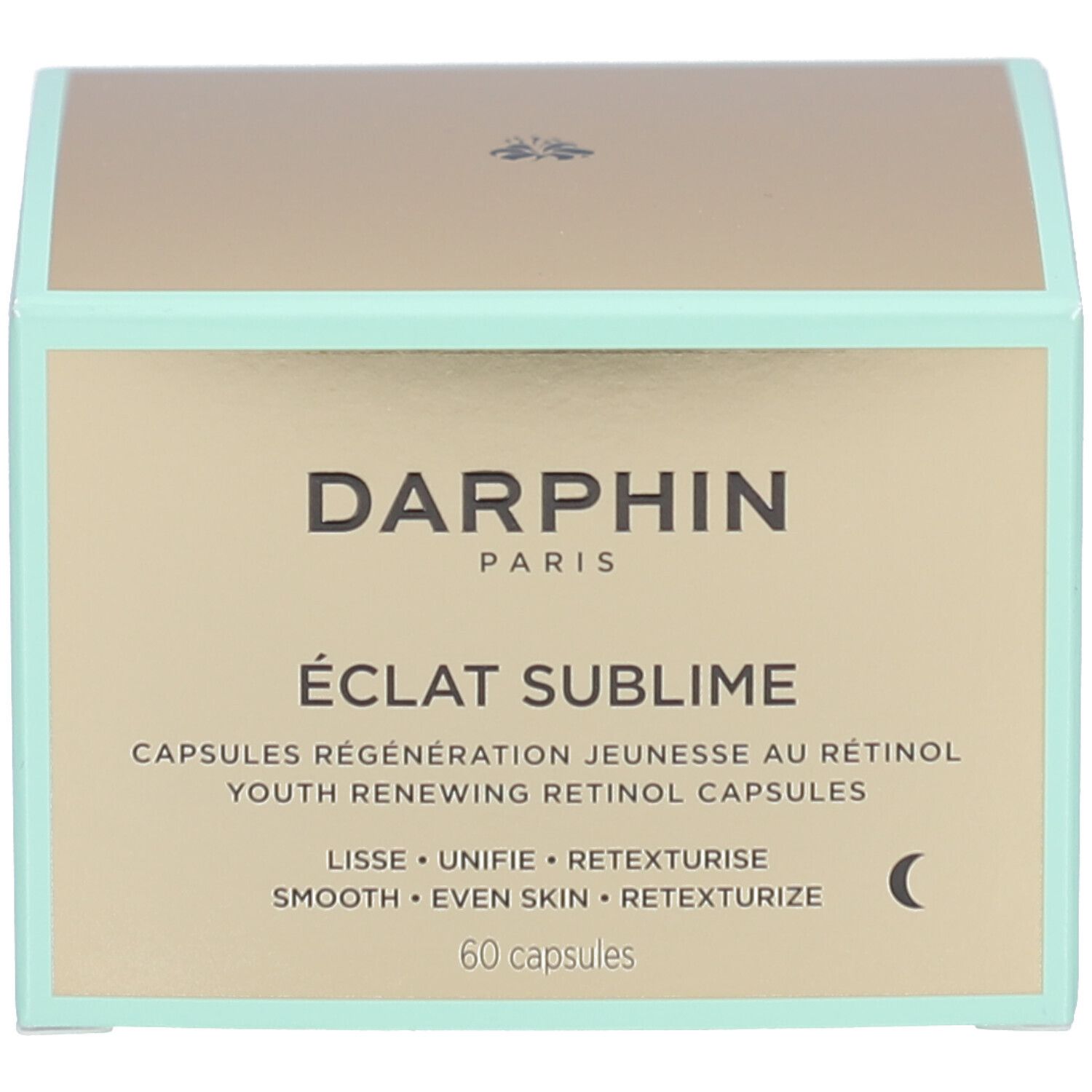 Boîte vert clair. Inscription: Éclat Sublime, Capsules Régénération Jeunesse au Rétinol. 60 capsules.