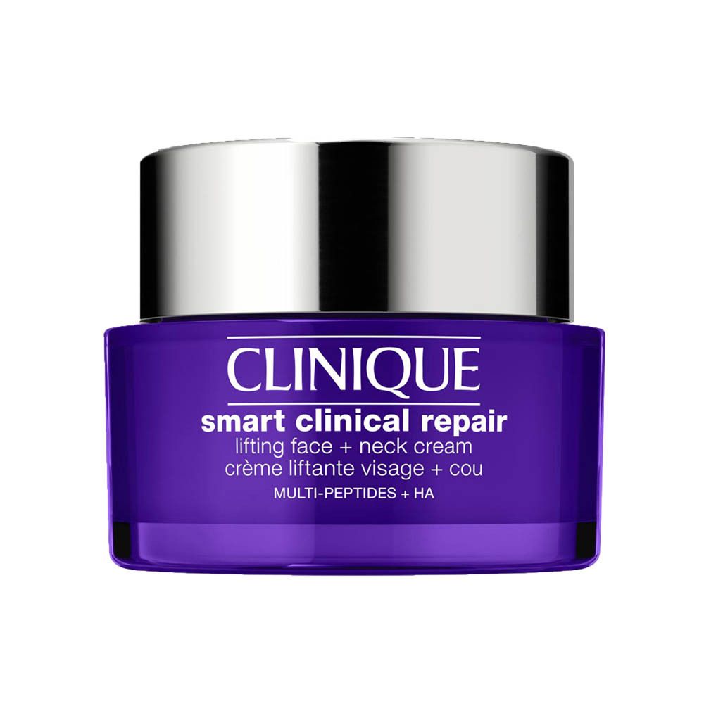 Pot violet avec couvercle argenté, inscription "CLINIQUE smart clinical repair lifting face + neck cream".