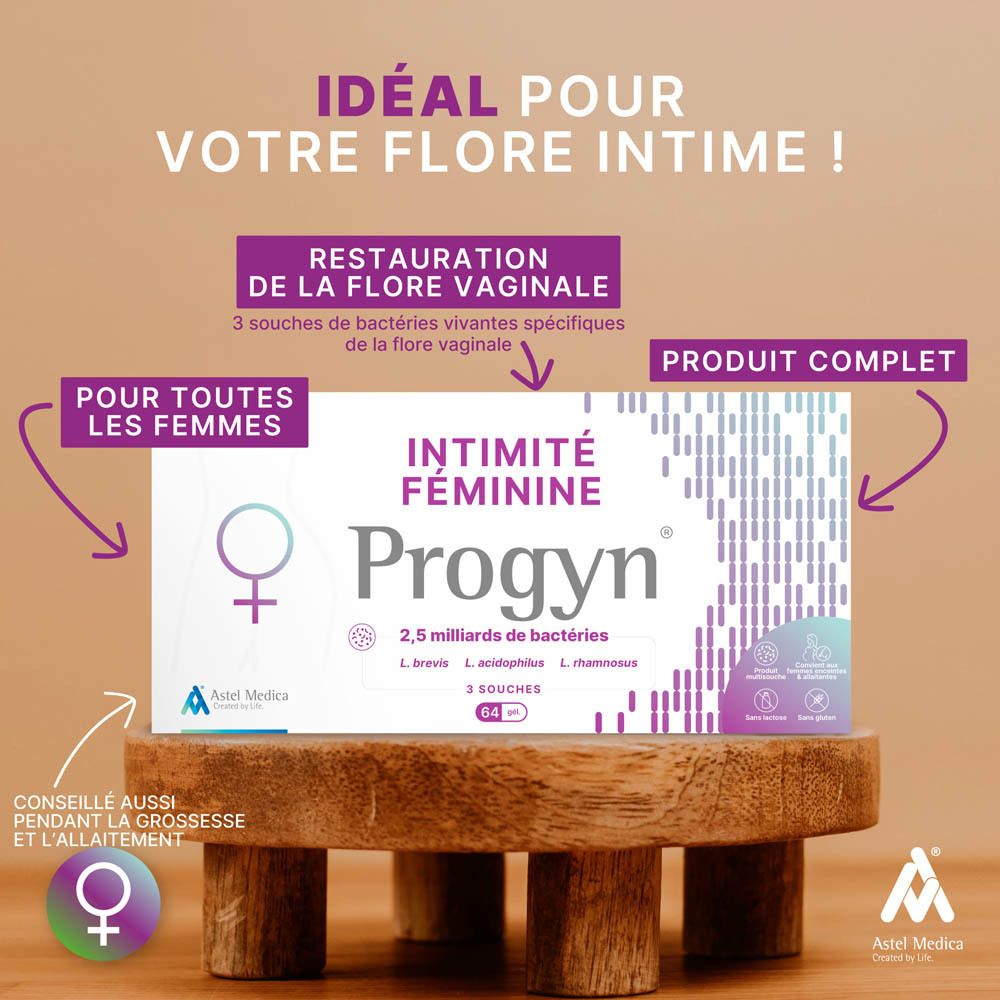 Emballage Progyn, pour l'intimité féminine, avec symboles pour grossesse et allaitement.