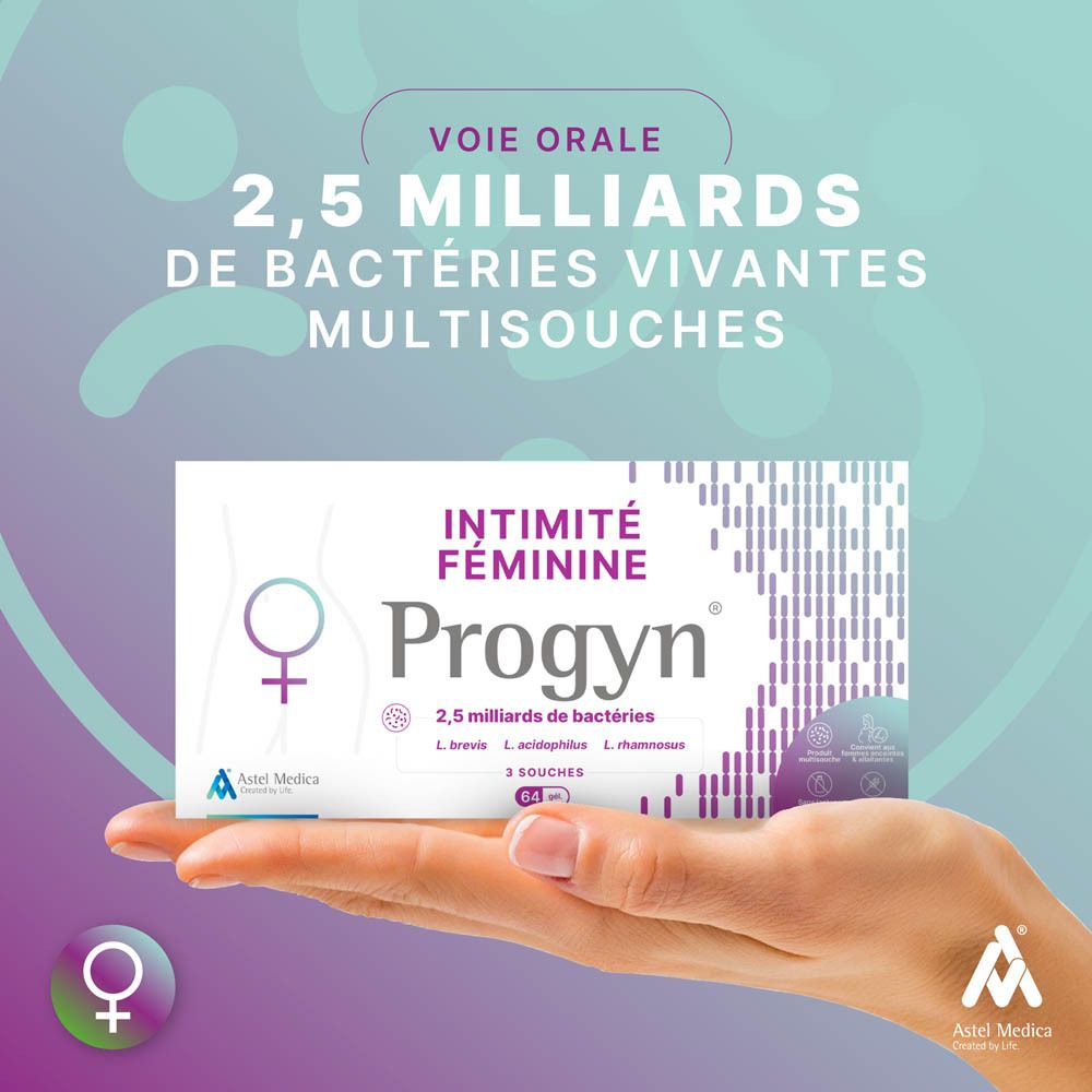 Emballage Progyn, pour l'intimité féminine, avec symboles sans lactose ni gluten.