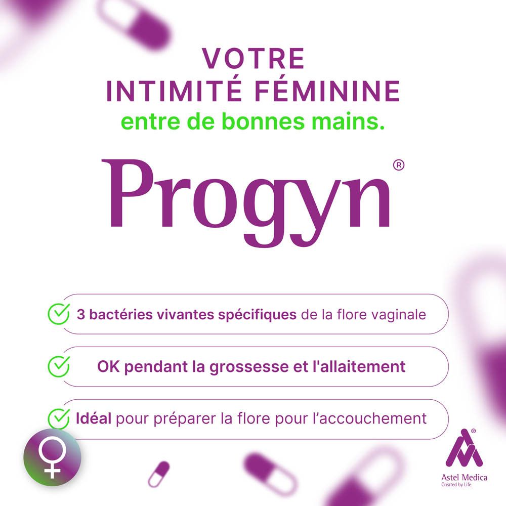 Emballage Progyn, pour l'intimité féminine, avec symboles pour grossesse et allaitement.