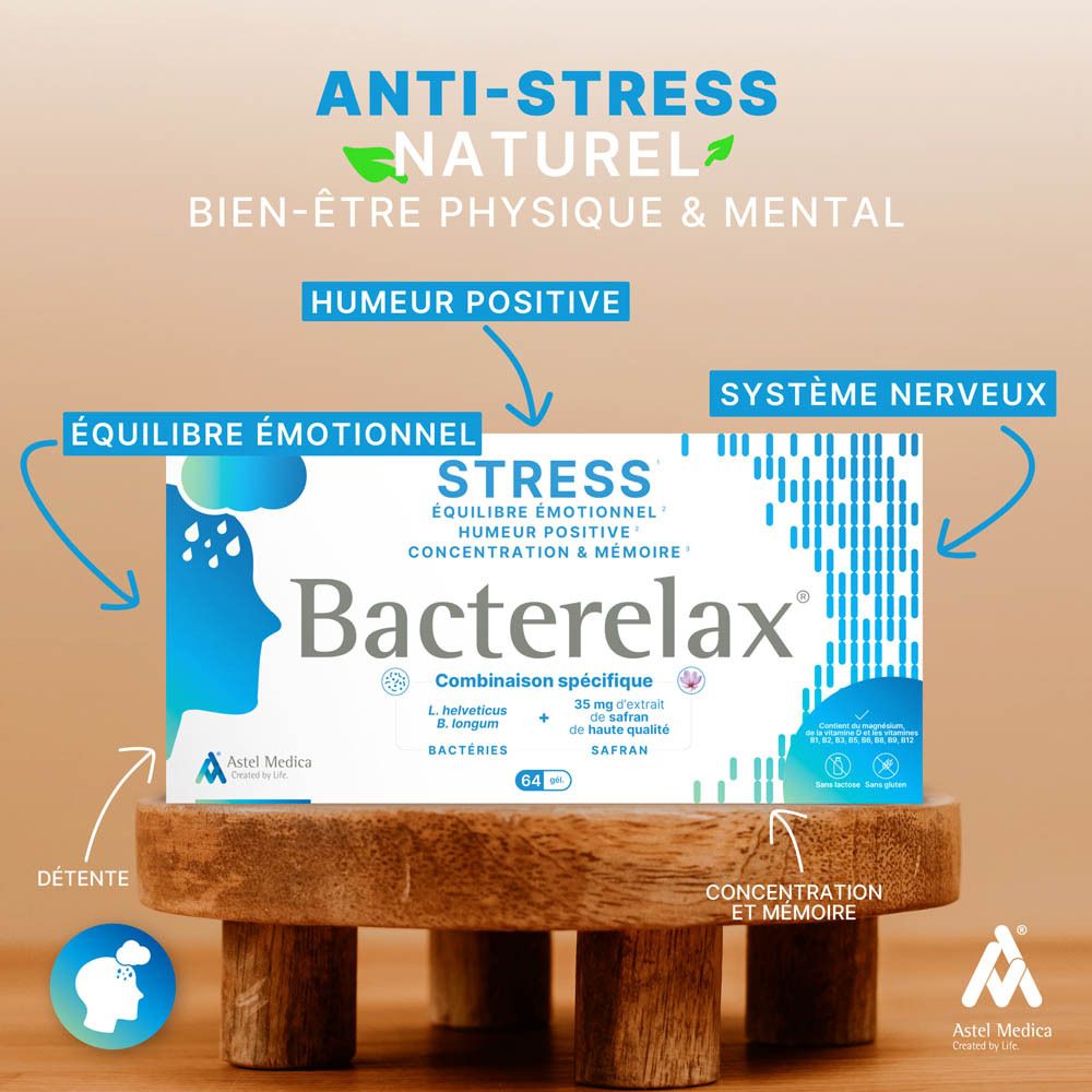 Boîte Bacterelax Stress de 32 gélules, axée sur l'équilibre émotionnel et la concentration.