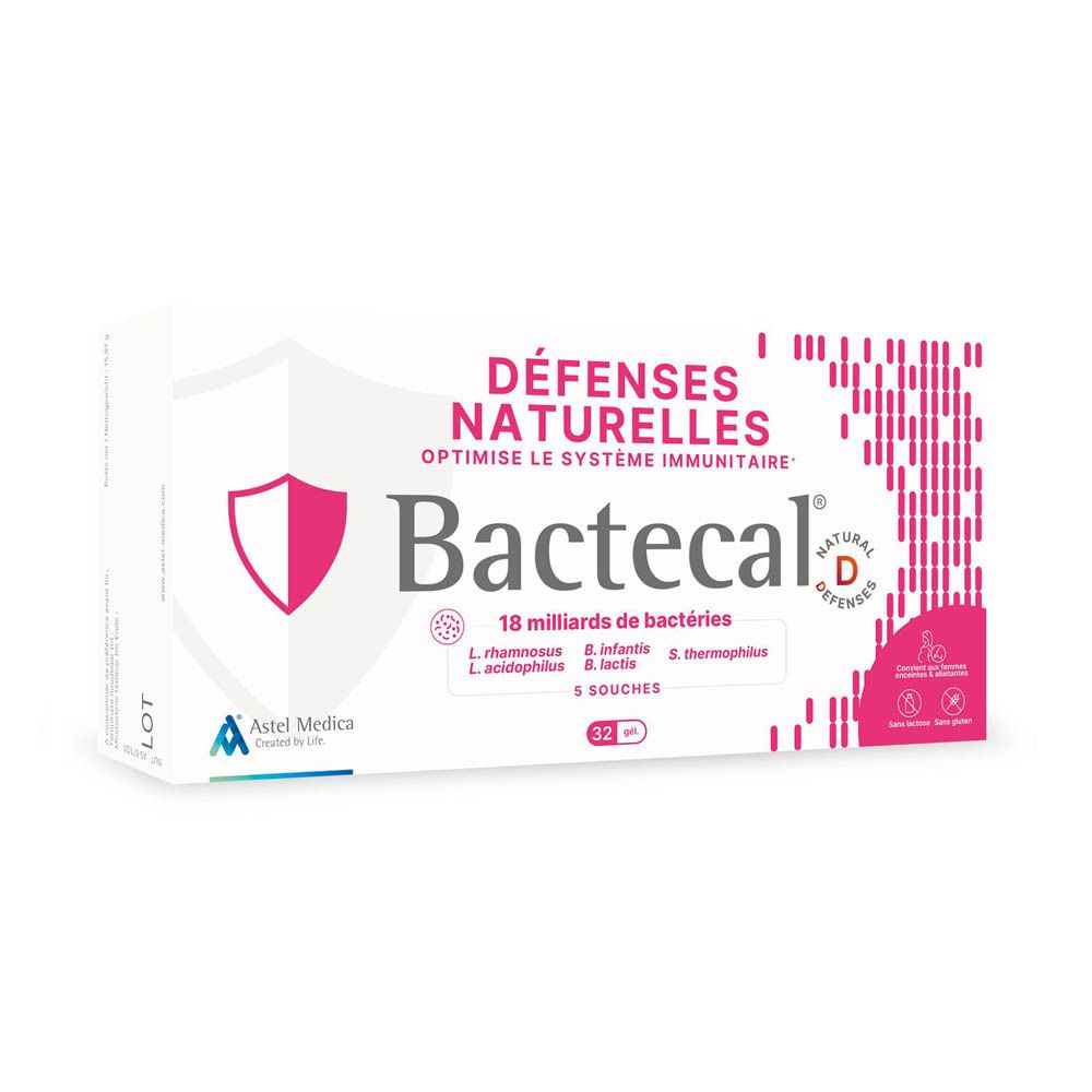 Bactecal D boîte de 32 sachets, axé sur les défenses naturelles et le système immunitaire.