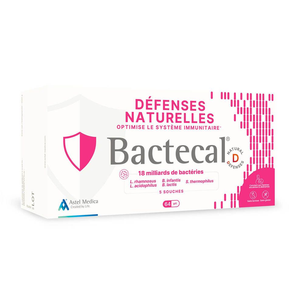 Boîte Bactecal D de 64 gélules, focus défenses naturelles.