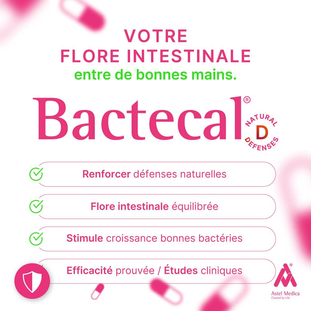 Boîte Bactecal D de 64 gélules, logo Astel Medica.
