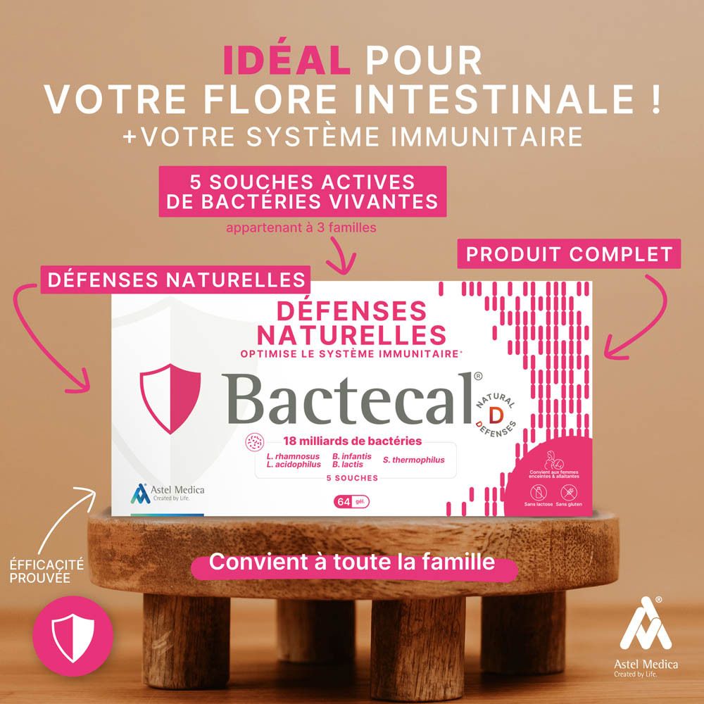 Boîte Bactecal D de 96 sachets, montre 18 milliards de bactéries en 5 souches.