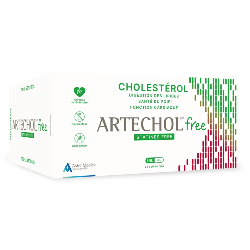 Boîte ARTECHOL free. Texte: Cholestérol, digestion des lipides, santé du foie, fonction cardiaque. Sans statines. 160 gélules.