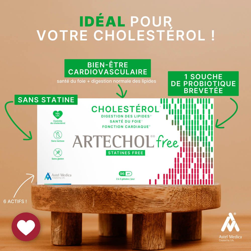 Publicité avec produit sur socle en bois. Boîte ARTECHOL free. Texte: Cholestérol, digestion des lipides, santé du foie, fonction cardiaque.