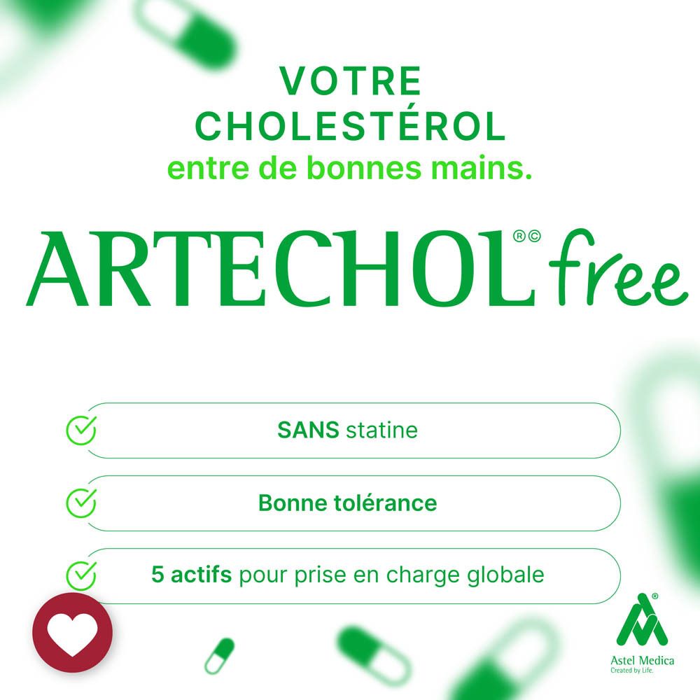 Produit avec texte: Cholestérol, digestion des lipides, santé du foie, fonction cardiaque. Sans statines. 5 actifs.