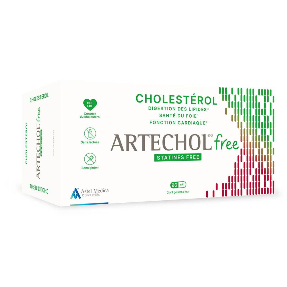 Boîte ARTECHOL free. Texte : Cholestérol, sans statines. 96 gélules.