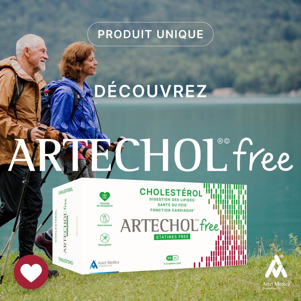 Couple en randonnée. Boîte ARTECHOL free. Texte : Cholestérol, sans statines. 96 gélules.
