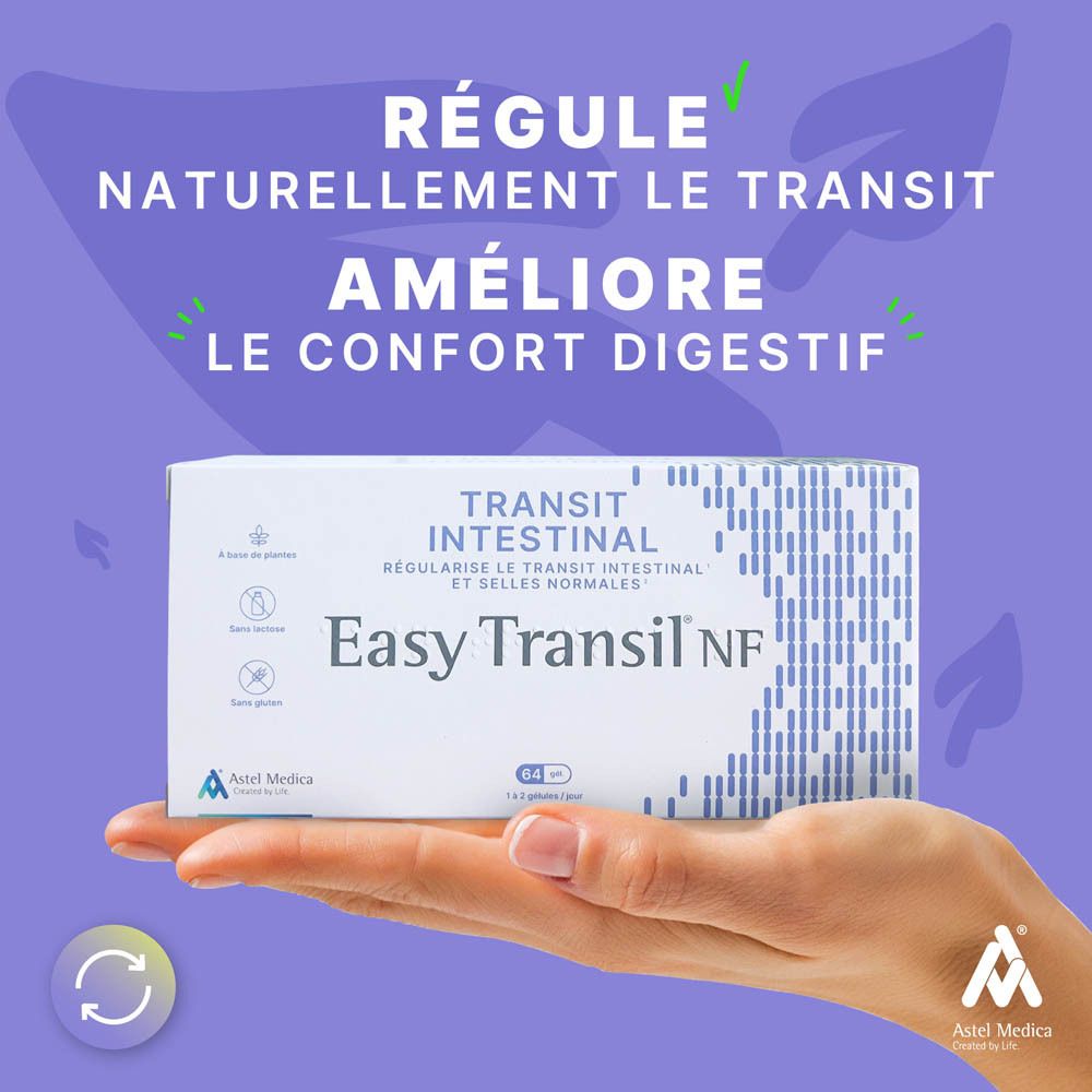 Boîte Easy Transil NF, 64 gélules, avec symboles végétal, sans lactose, sans gluten.