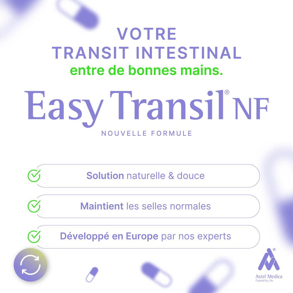 Boîte Easy Transil NF, 64 gélules, avec symboles végétal, sans lactose, sans gluten.