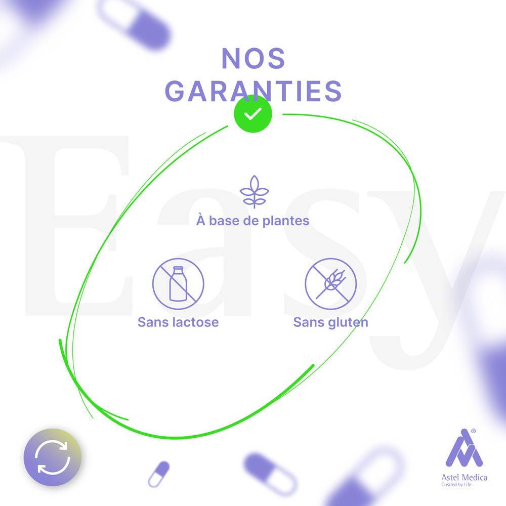 Boîte Easy Transil NF, 64 gélules, avec symboles végétal, sans lactose, sans gluten.