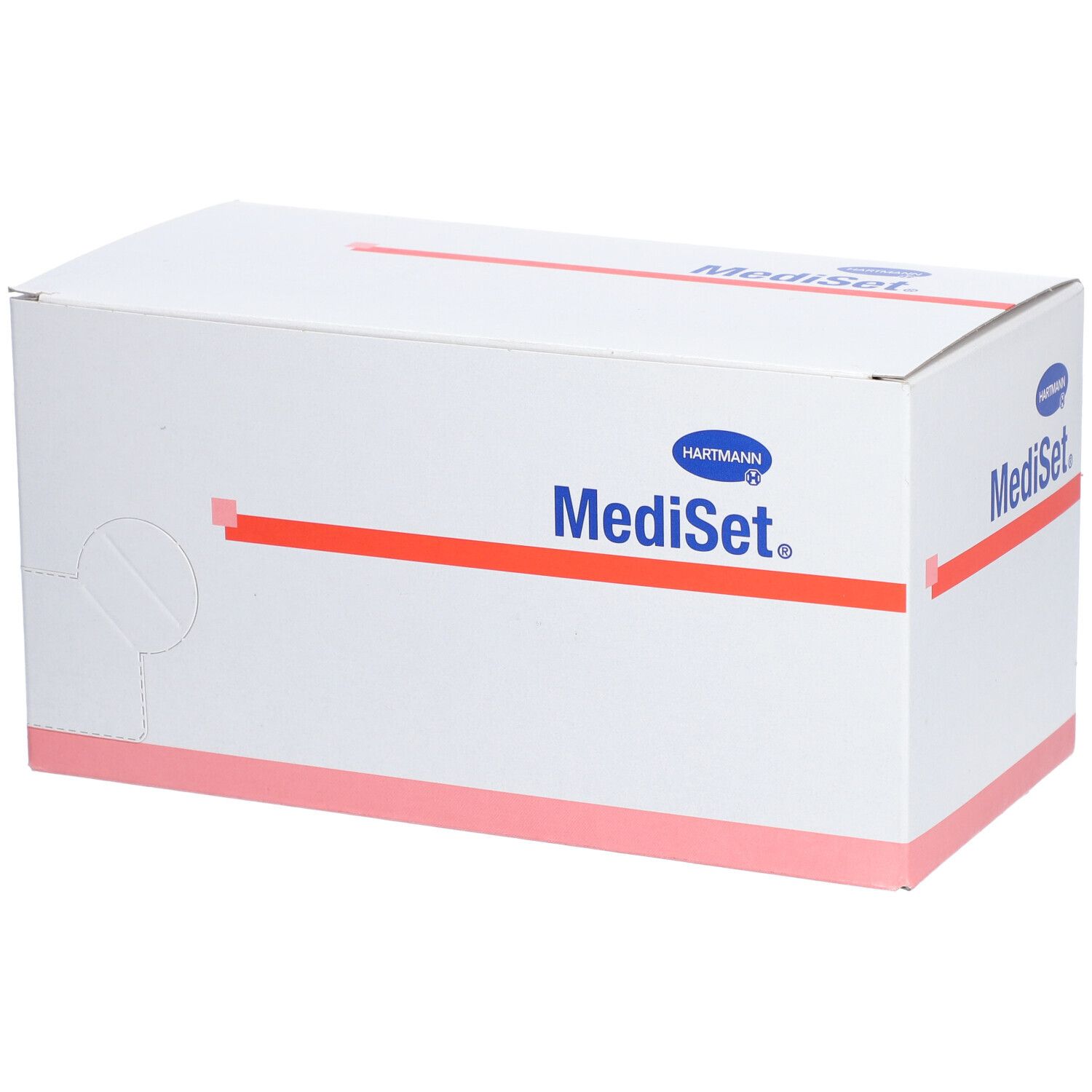 Boîte en carton blanche avec bande rouge et logo. Inscription : MediSet. Logo Hartmann. Bords roses.