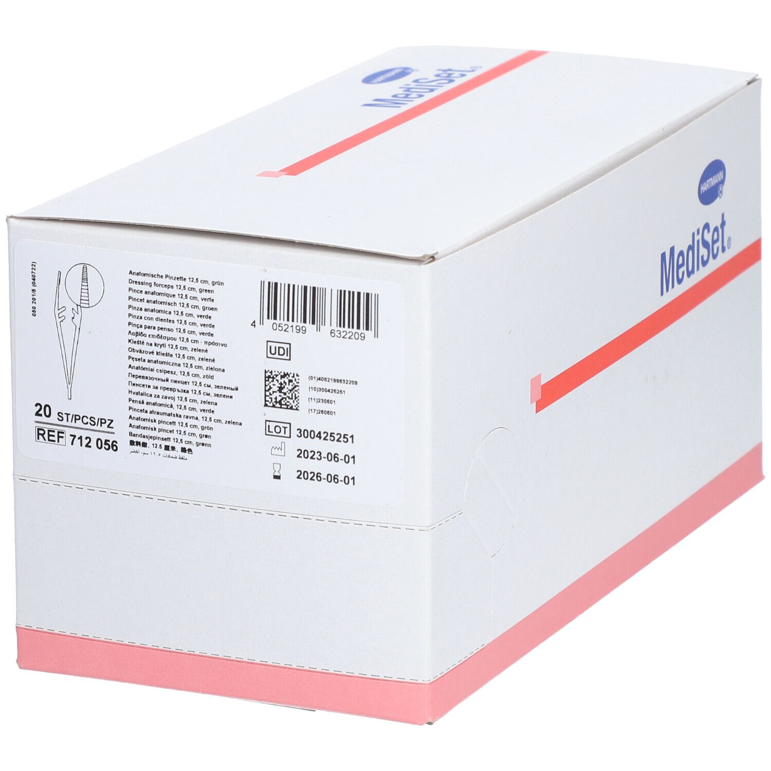 Emballage en carton avec informations sur le produit. Inscription : MediSet. Logo Hartmann. Contient 20 pièces. Code UDI, numéro de lot, date d'expiration.