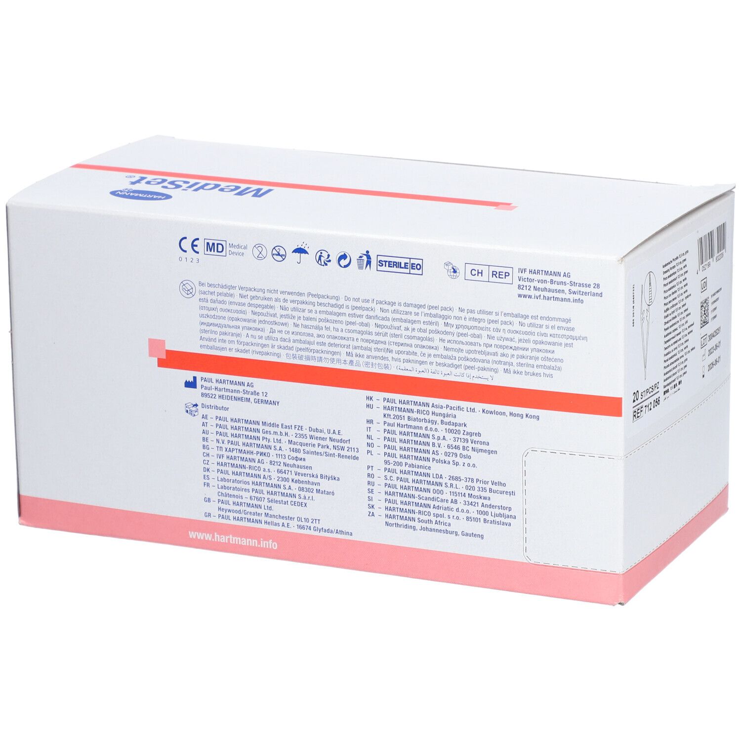 Emballage en carton avec informations sur le produit. Inscription : MediSet. Logo Hartmann. Dispositif médical. Stérile. Adresse du fabricant.