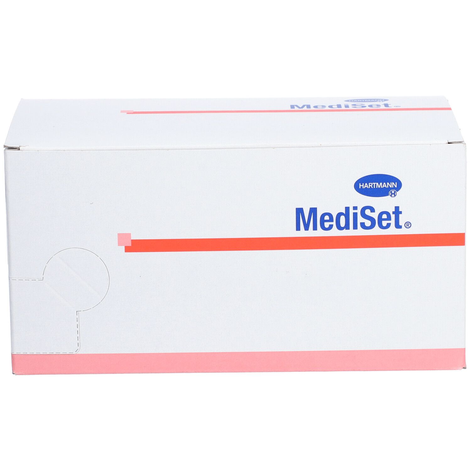 Boîte en carton blanche avec bande rouge et logo. Inscription : MediSet. Logo Hartmann. Bords roses.