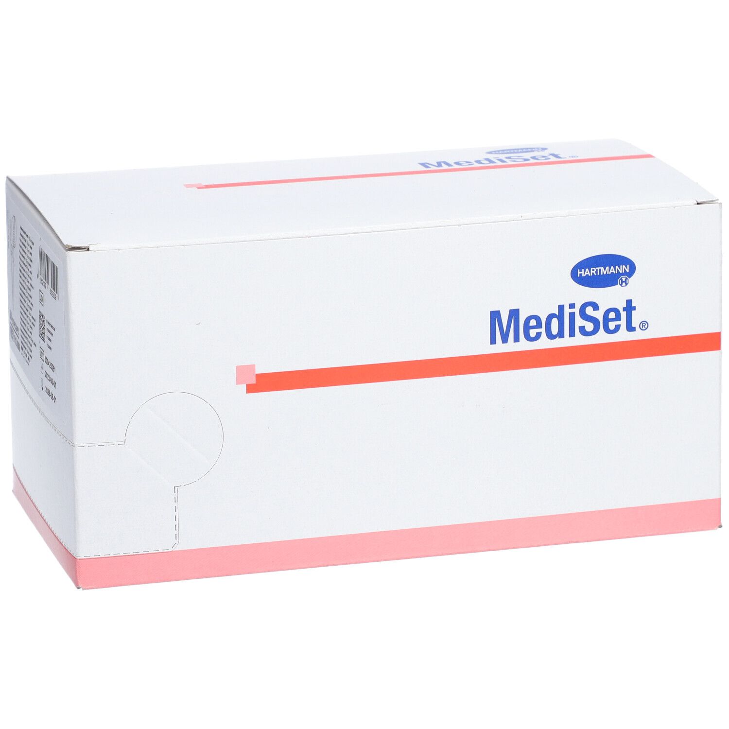 Boîte en carton blanche avec bande rouge et logo. Inscription : MediSet. Logo Hartmann. Bords roses.