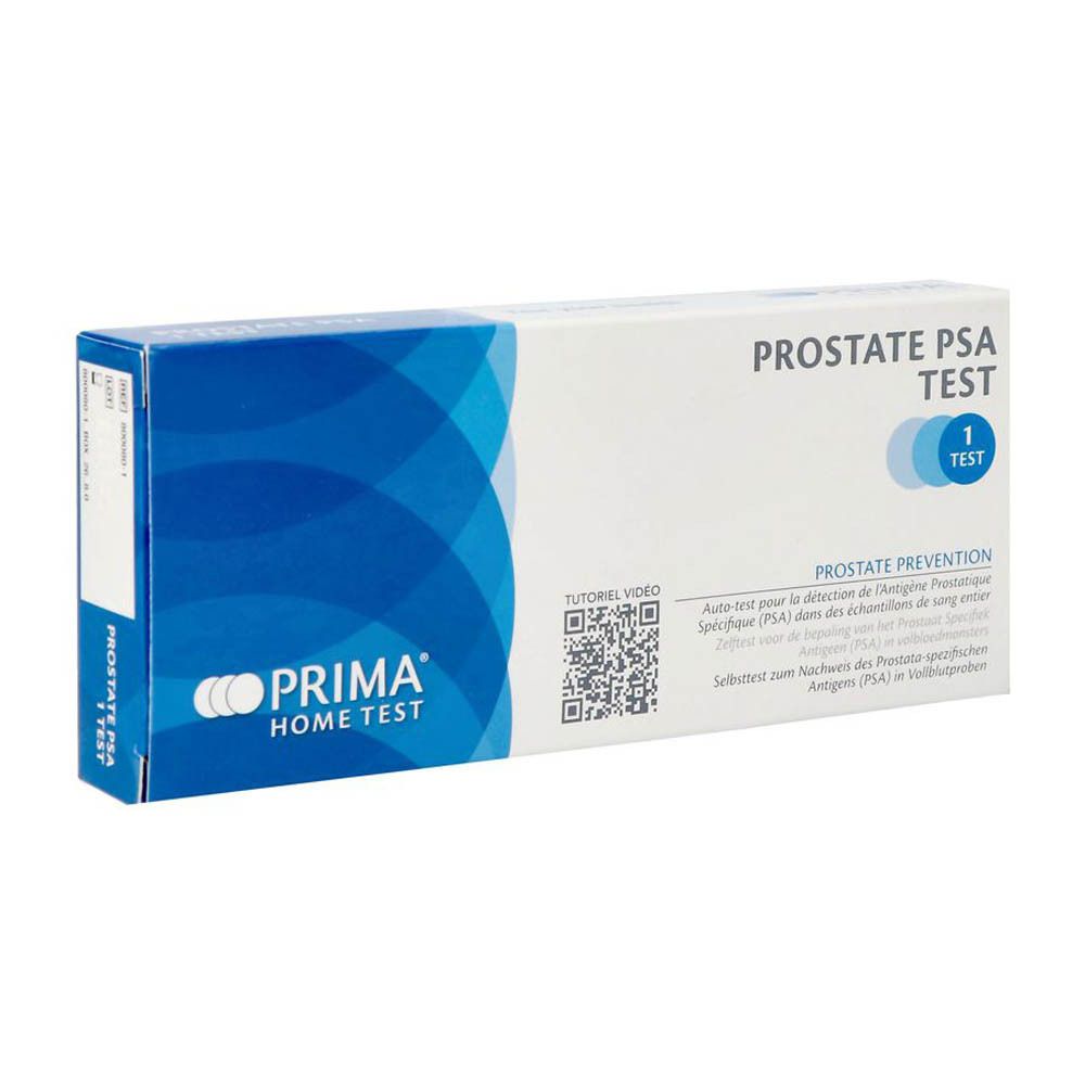 Boîte du test Prima® Home Test Prostate PSA. Emballage bleu et blanc avec nom et logo du produit.