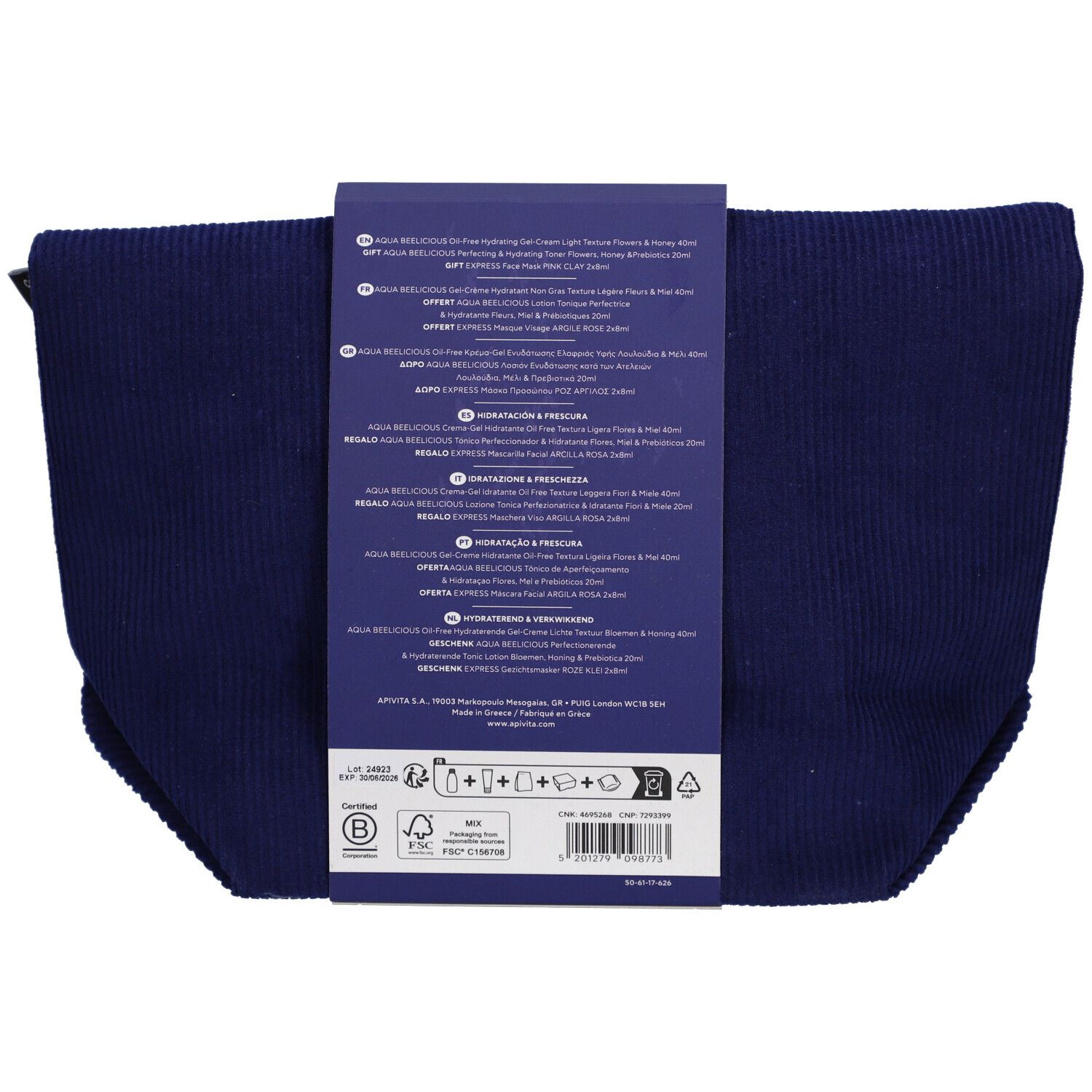 Dos de la trousse de toilette bleu foncé avec informations sur le produit. Texte en plusieurs langues, dont l'allemand et le français.