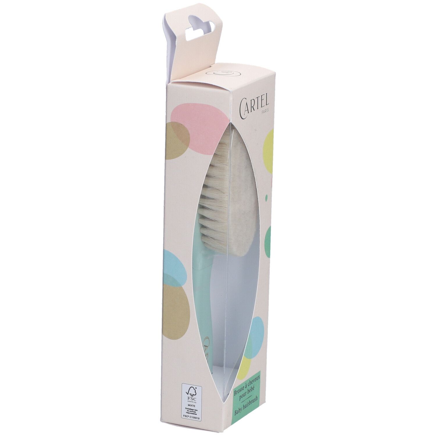 Brosse à cheveux pour bébé dans son emballage. Fenêtre transparente. Marque : Cartel Paris.
