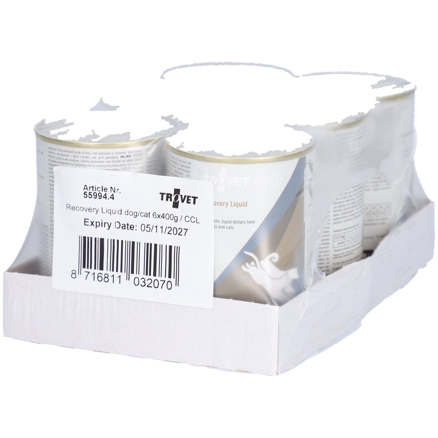 Emballage de six boîtes. Étiquette avec informations produit et code-barres. Marque TROVET.