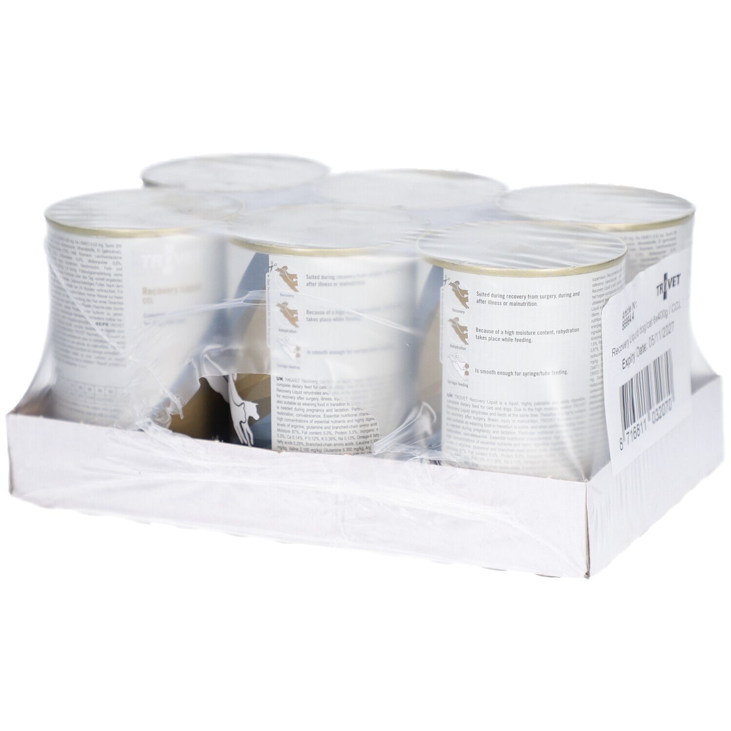 Emballage de six boîtes emballées dans du film plastique. Étiquette avec informations produit. Marque TROVET.