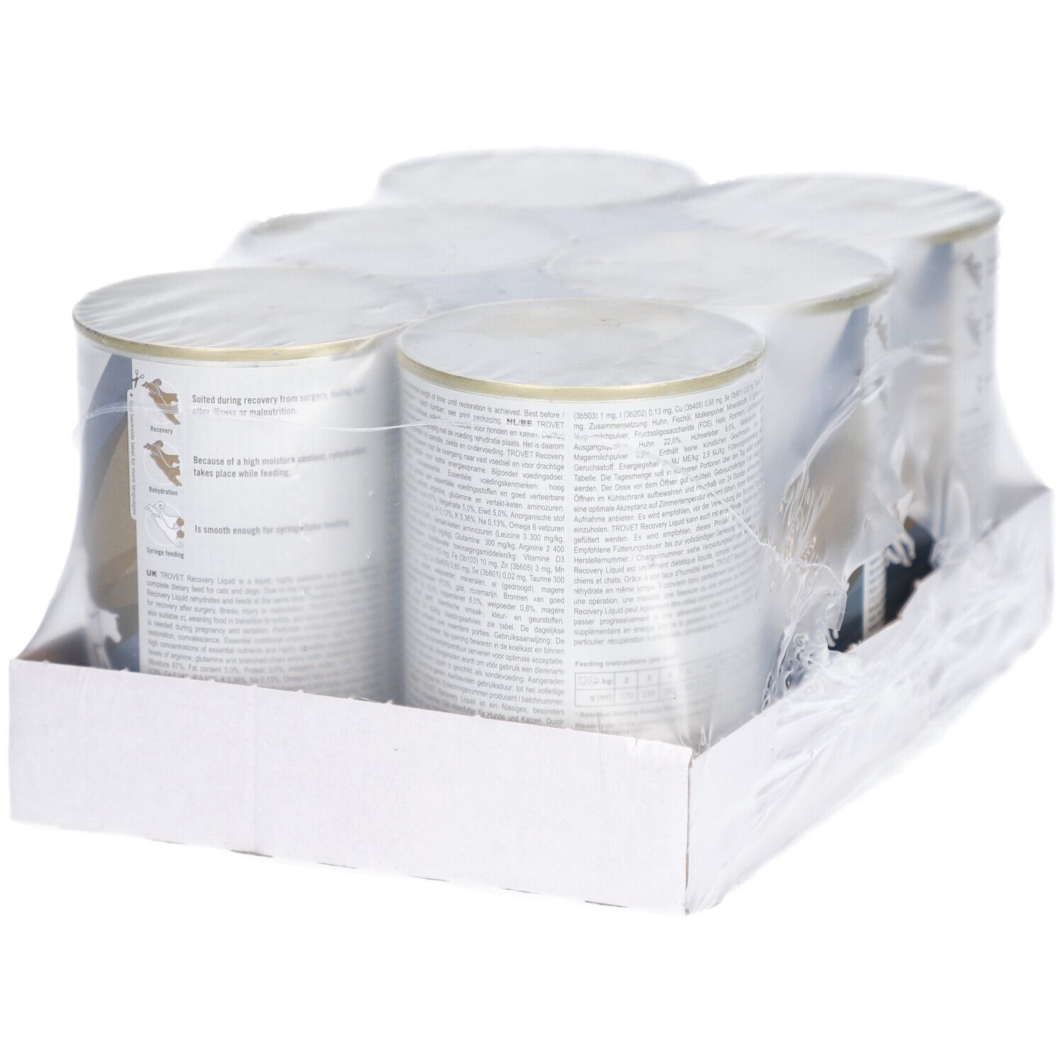 Emballage de six boîtes emballées dans du film plastique. Étiquette avec informations produit. Marque TROVET.