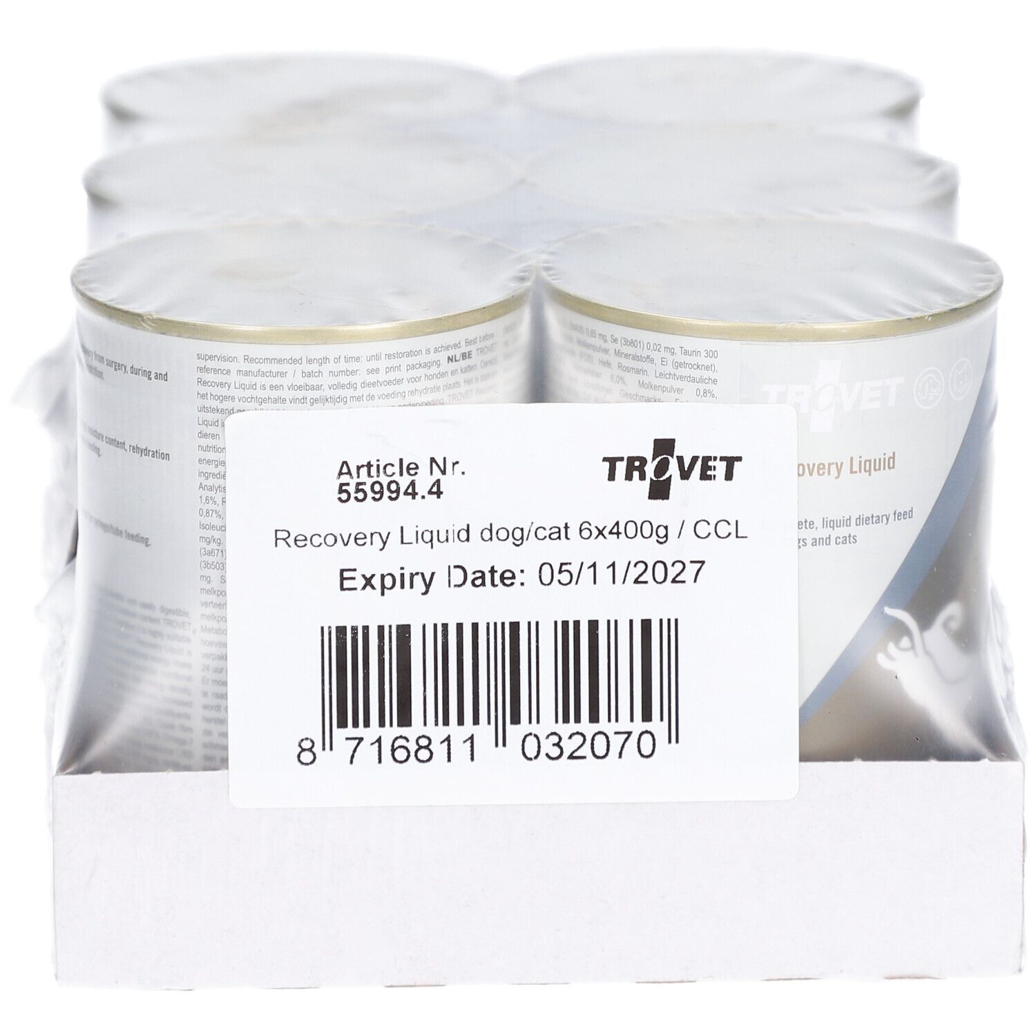 Emballage de six boîtes. Étiquette avec informations produit et code-barres. Marque TROVET.