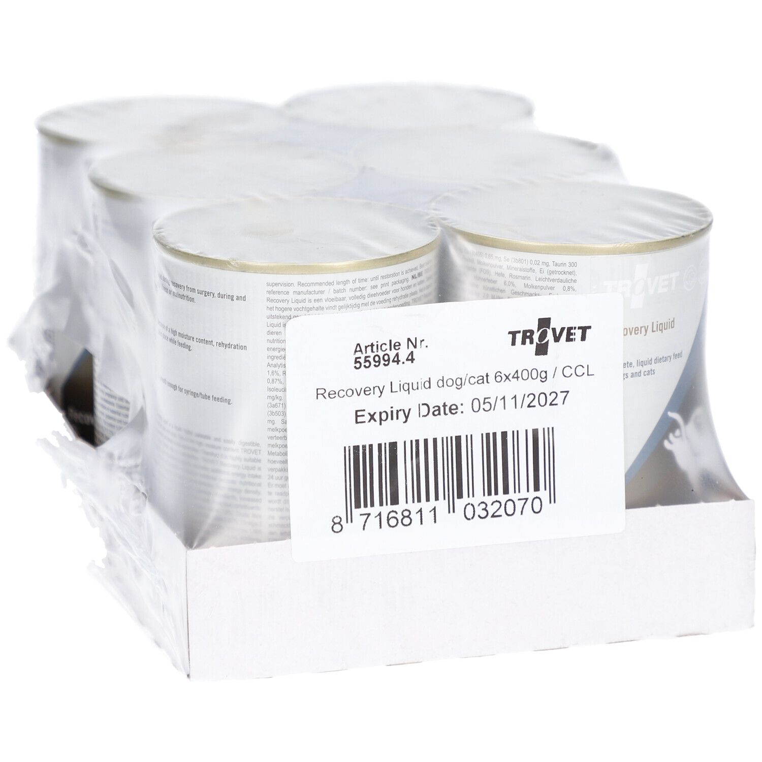 Emballage de six boîtes. Étiquette avec informations produit et code-barres. Marque TROVET.