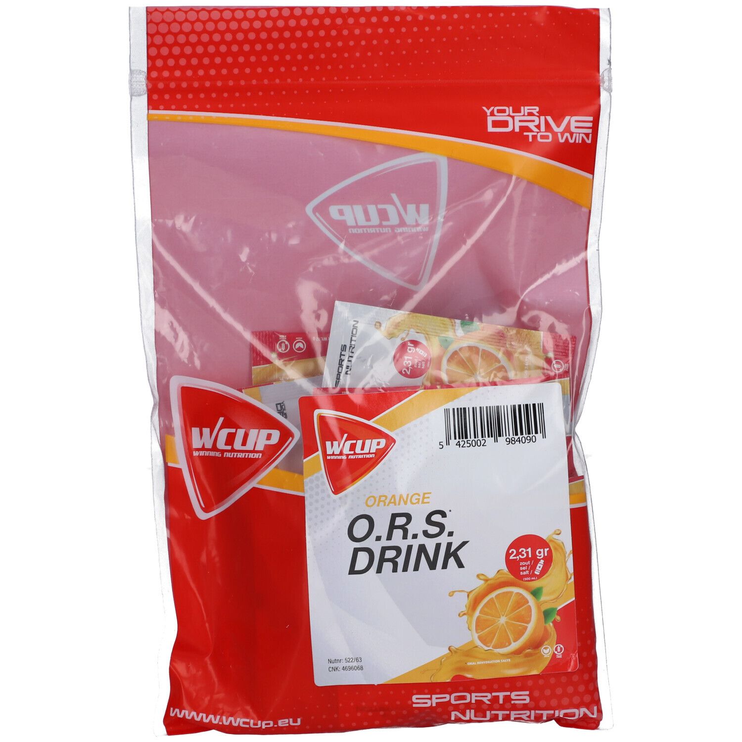 Sachet WCUP O.R.S. Drink Orange. Emballage rouge transparent. Contient des sachets individuels. Inscription: Orange, O.R.S. DRINK.