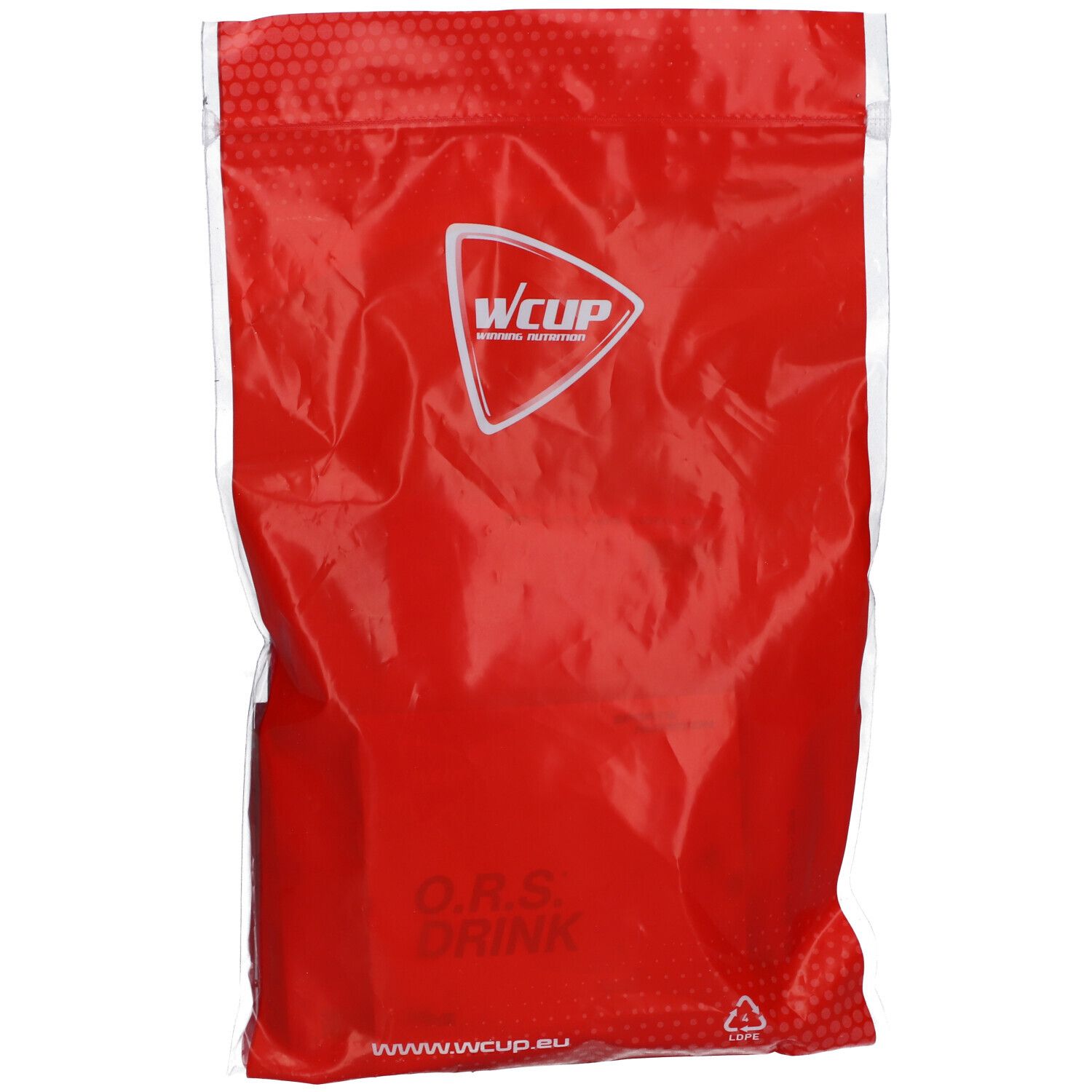 Emballage rouge WCUP O.R.S. Drink. Inscription: logo WCUP, O.R.S. DRINK. Emballage transparent.