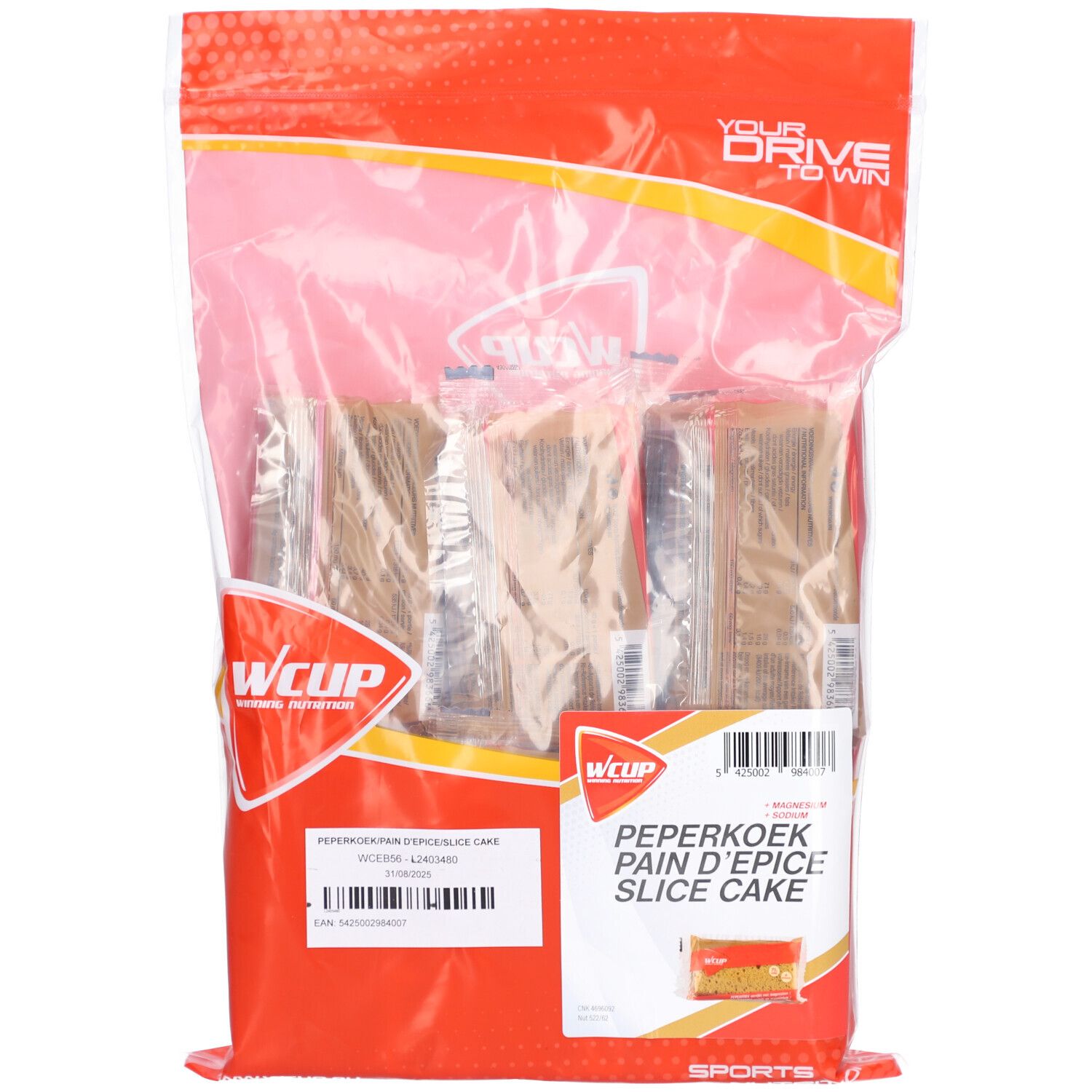 Emballage de pain d'épices WCUP. Plusieurs tranches emballées individuellement sont visibles. L'emballage porte la mention "PEPERKOEK PAIN D'EPICE SLICE CAKE".