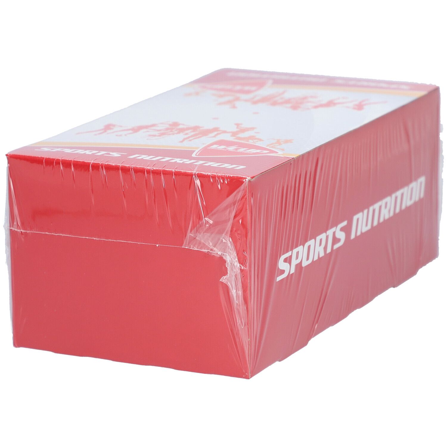 Emballage rouge avec l'inscription "SPORTS NUTRITION". L'emballage est scellé dans du film plastique.