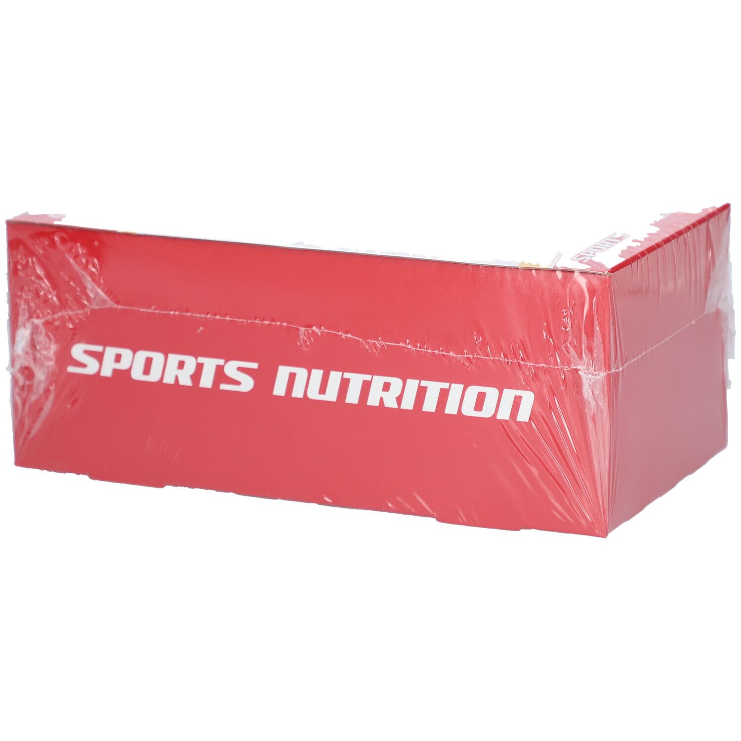Emballage rouge avec l'inscription "SPORTS NUTRITION". L'emballage est scellé dans du film plastique.